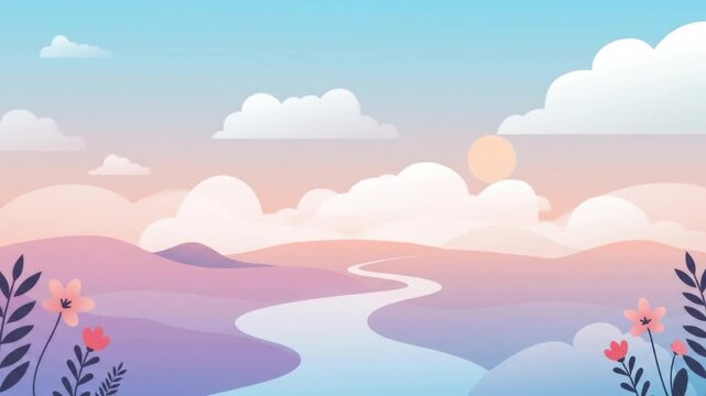 Peaceful landscape illustration river hills and floral accents in pastel colors