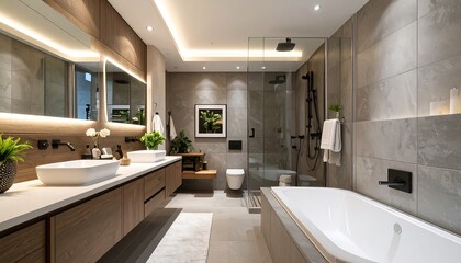 Luxurious modern bathroom sanctuary featuring dual vanities, walk-in shower, and elegant soaking tub