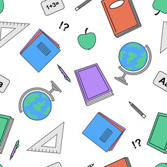 Seamless pattern with minimalist hand-drawn style illustration with school elements.