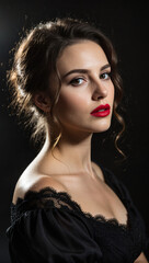 Retro Glamour Woman Portrait with Red Lipstick on Black Background
