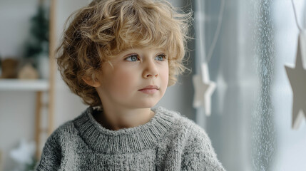 Young boy with curly hair wearing a cozy gray sweater gazes thoughtfully out the window, surrounded by soft natural light and decorative stars, capturing a moment of innocence and wonder