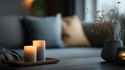Cozy living room scene featuring lit candles on a wooden tray, soft pillows on a couch, and a vase with dried flowers, creating a warm and inviting atmosphere for relaxation
