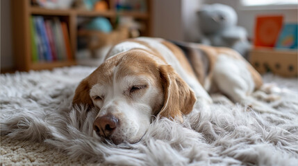 Beagle dog peacefully sleeping on a soft, fluffy rug in a cozy indoor environment, surrounded by colorful toys and books, creating a warm and inviting atmosphere