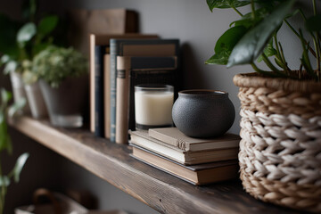 Cozy interior shelf featuring stacked books, a decorative candle, a textured vase, and a woven basket, surrounded by lush green plants, creating a warm and inviting atmosphere