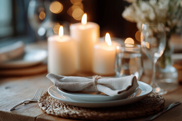 Elegant dining table set with white plates, linen napkin, and candles creating a warm ambiance, perfect for romantic dinner or special occasion celebration