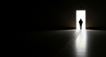 A Solitary Figure Walks Towards A Bright Doorway Creating High Contrast In A Dark Empty Hall