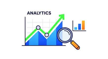 Analytics data analysis and business intelligence growth chart with magnifying glass for market research analysis