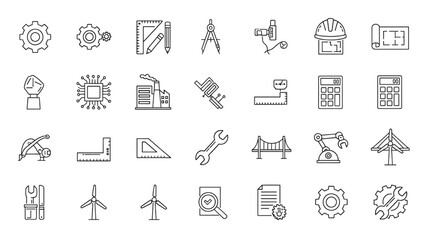 Engineer Icons Set | Thin Line Editable Stroke Symbol Collection for Construction and Technical Design