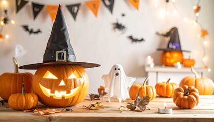 Spooky Halloween scene with glowing jack-o-lantern, cute ghost, and festive decorations creating a magical atmosphere.