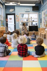 A daycare center where toddlers sit on colorful mats listening to a short story. The mood feels playful and innocent, Generative AI