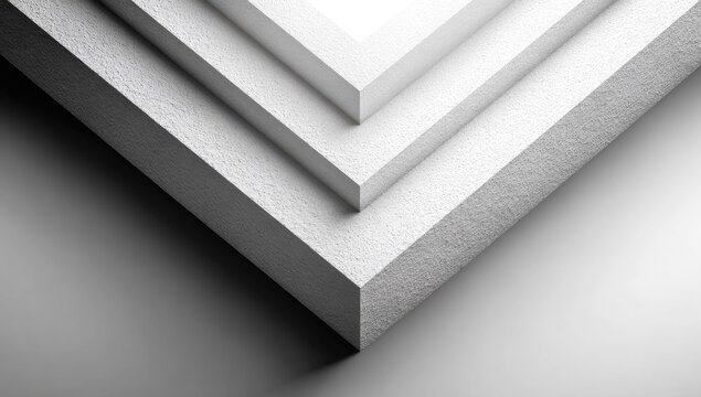 Three white square shapes stacked, creating a geometric, angular composition with shadow and light play