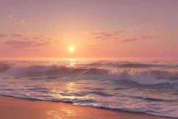 Peaceful dawn at a beautiful beach with soft waves and a stunning sunrise reflecting on the water