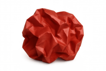 Red crumpled paper ball isolated on transparent background, symbolizing frustration, mistakes, and the creative process