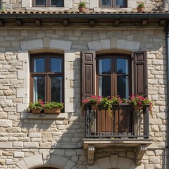 Exterior facade of a stone building with windows and balcony with flowers