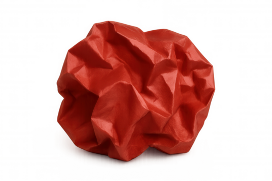 Red crumpled paper ball isolated on transparent background, symbolizing frustration, mistakes, and the creative process