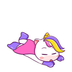 Cartoon unicorn mascot lying down with lazy tired pose in superhero outfit isolated on transparent background