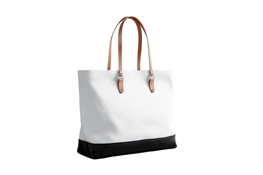White tote bag with tan handles and black base