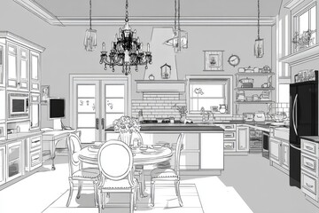 Detailed line drawing of a spacious kitchen and dining area.