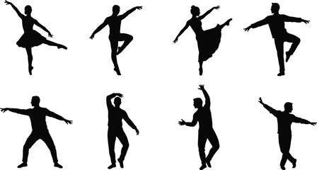 Silhouettes of male and female dancers performing elegant ballet and contemporary dance poses – artistic, graceful, dynamic movement.