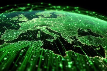 Pulsating green circuits overlaying a digitized representation of Europe at night highlighting connectivity and technology advancements
