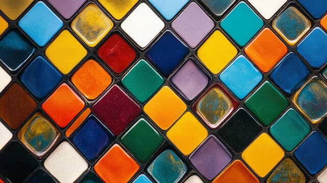 Vibrant, colorful mosaic tile pattern in square shapes; assorted bright colors