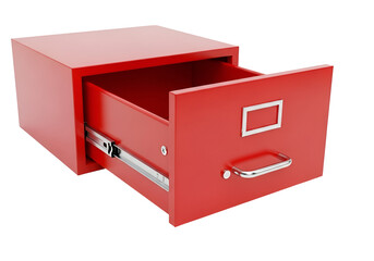 A bright red filing cabinet drawer is open, showcasing its interior space against a black background.