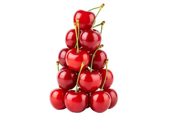 A pyramid of juicy, vibrant red cherries, meticulously arranged against a stark black background, showcases the rich color and texture of the fruit.