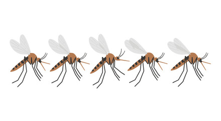 Five cartoon mosquitoes flying in a row, representing pest control and summer annoyance