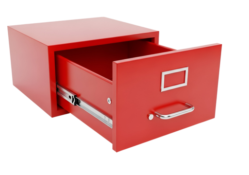 A bright red filing cabinet drawer is open, showcasing its interior space against a black background.