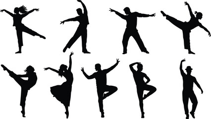 Silhouettes of male and female dancers performing ballet and modern dance poses – artistic, expressive movement, elegant stage choreography.