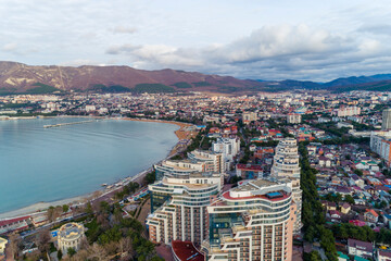 Naklejka premium Panorama of Gelendzhik resort. Gelendzhik Bay and Caucasus Mountains.