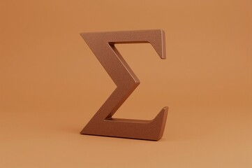 Bronze Sigma symbol, 3D render, orange background, math concept