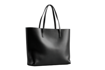 Sleek black tote bag, smooth leather texture, simple design