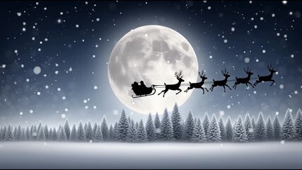 Magical christmas winter night with santa sleigh and reindeer silhouette flying across full moon, snowy sky, pine tree forest, falling snow, festive atmosphere, snow, reindeer, moon - Powered by Adobe