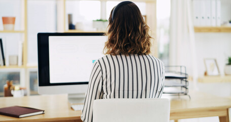 Back, computer screen and woman in home office with headset, telecoms or research in remote work. Digital, email and virtual assistant in living room with tech, coordination or schedule in online job