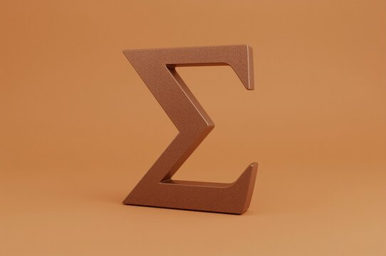 Bronze Sigma symbol, 3D render, orange background, math concept