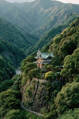 Lush valley, craggy peak, traditional Japanese house