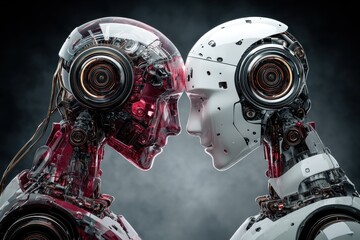 Fototapeta premium Two futuristic robot cyborgs face each other in a dramatic showdown highlighting advanced technology and human-like features