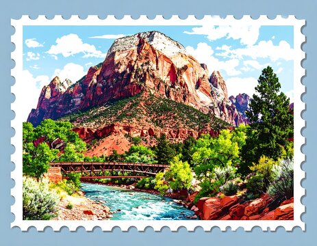 Colorful mountain landscape with a bridge over a river