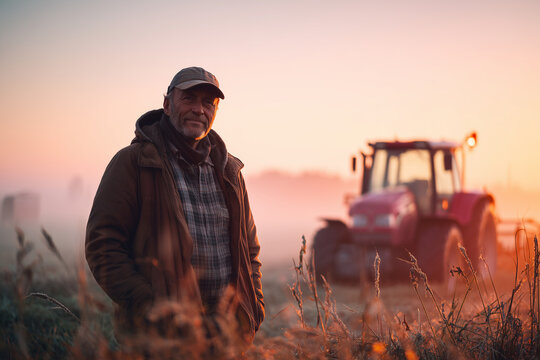 Smiling farmer standing in a field during sunrise with a red tractor in the background, symbolizing rural life and agriculture