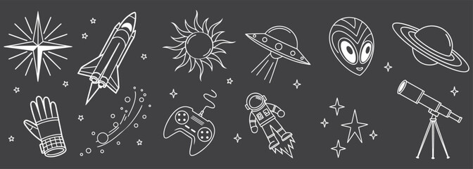 Seamless space pattern with rockets, UFOs, astronauts, planets, and telescopes in doodle line style. Dark background vector illustration for fabric, wallpaper, and digital design. Modern astronomy art