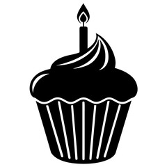Black silhouette cupcake with lit candle birthday celebration