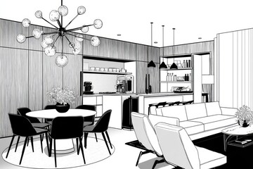 Interior design sketch of a modern open-plan kitchen and living area.