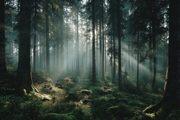 Obraz premium Morning light filters through tall trees in a serene forest, creating a peaceful atmosphere filled with soft green moss and dappled sunlight