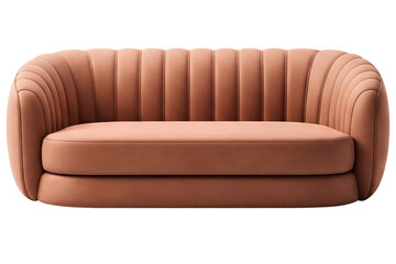 Modern terracotta colored loveseat with vertical channel tufting isolated on a transparent background