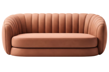 Modern terracotta colored loveseat with vertical channel tufting isolated on a transparent background