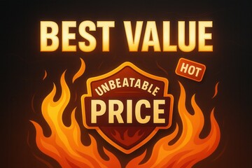 Best value with unbeatable price hot offer banner, fiery style, striking retail discount promotion.