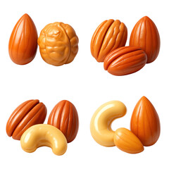 3D Plastic Icon Style Assorted Nuts Isolated on Transparent Background with Orange Brown Yellow Color Variation