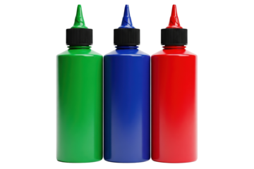 Plastic squeeze bottles of liquid paint isolated on a transparent background