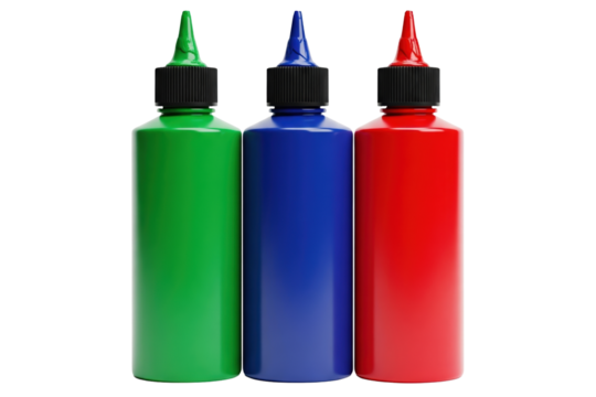 Plastic squeeze bottles of liquid paint isolated on a transparent background